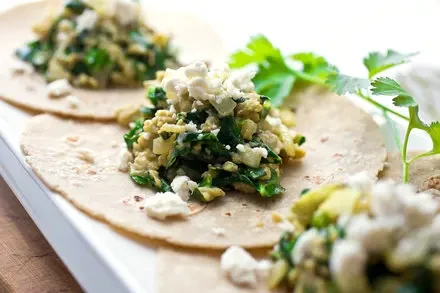 Breakfast Tacos With Eggs, Onions and Collard Greens